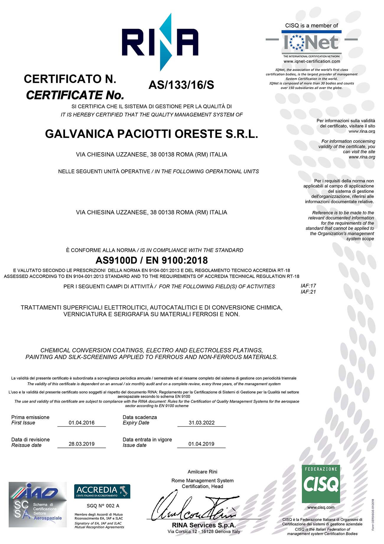 Galvanica Paciotti | Certificate n. AS/133/16/S RINA SERVICES