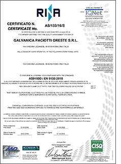 Certificato n° AS/133/16/S CONFORME ALLA NORMA AS9100D / EN 9100:2018